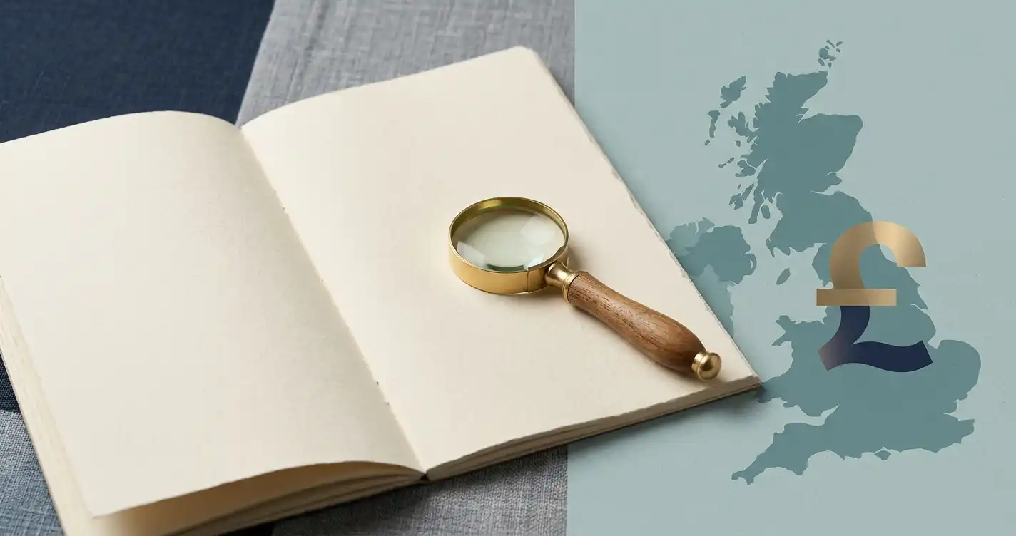 Illustrated sterling symbol beside a UK outline and a list of casino account questions