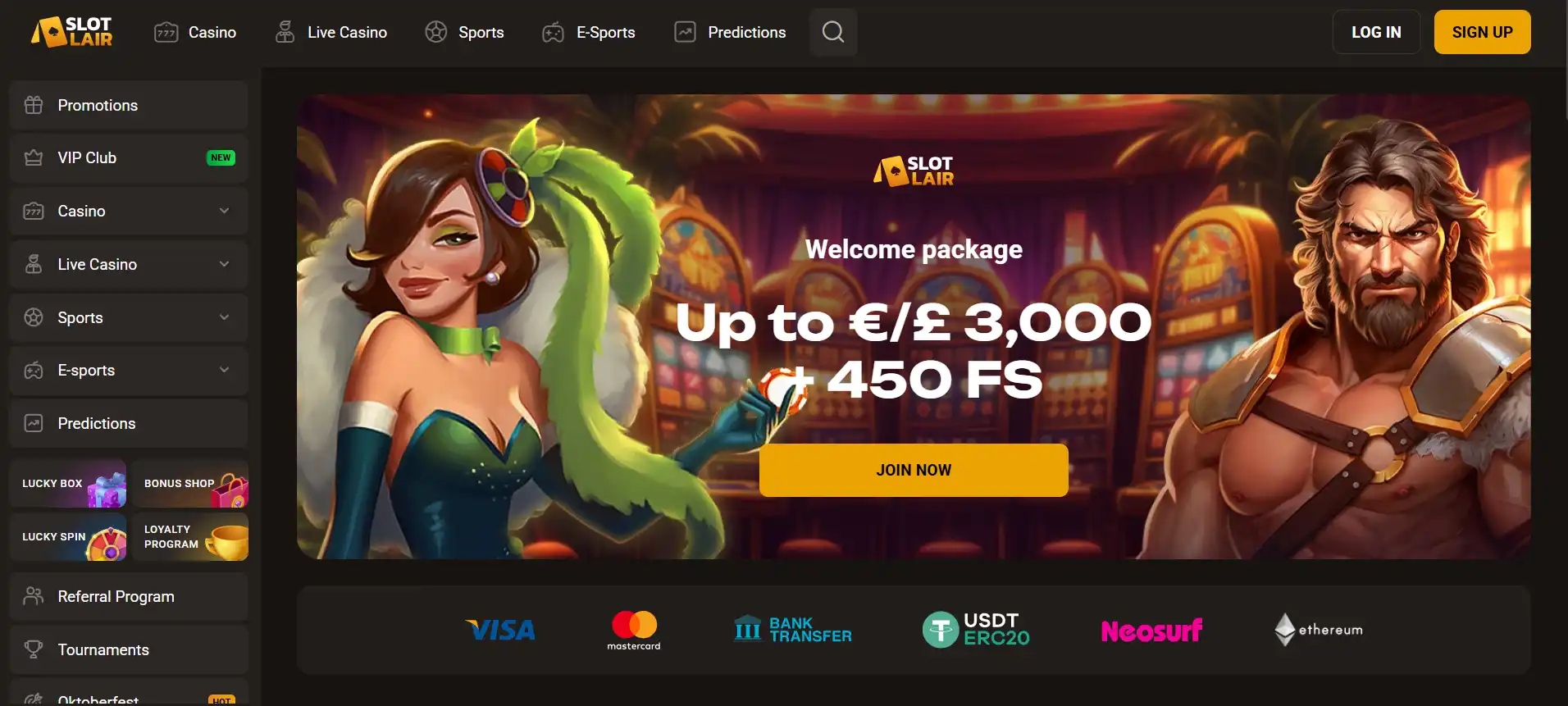 SlotLair Casino homepage header with its brand name and site navigation