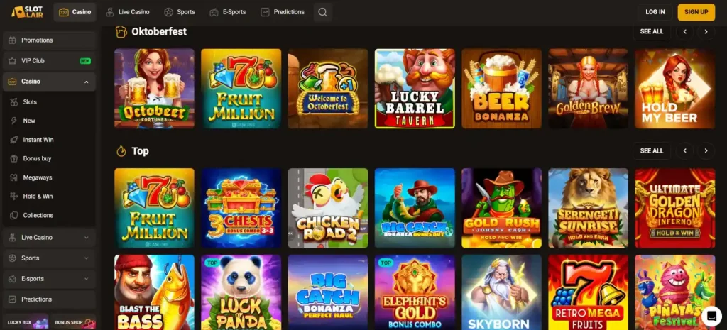 SlotLair game categories and named suppliers in the public casino catalogue