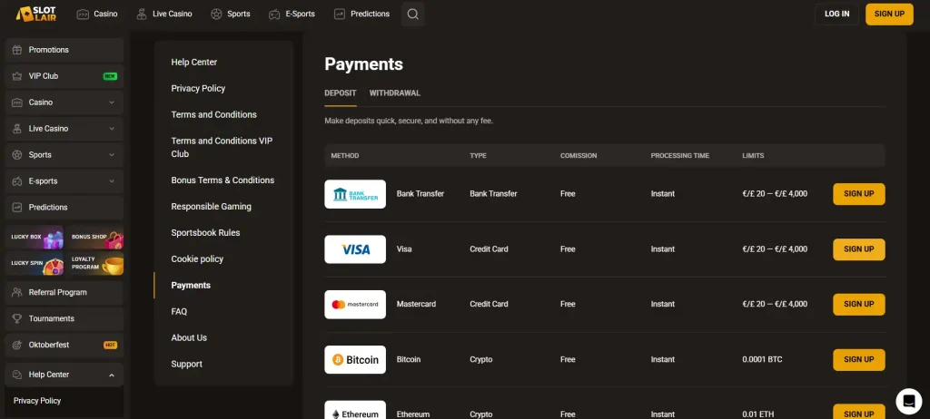 SlotLair payment schedule listing bank transfer, card and digital-currency methods