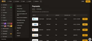 SlotLair payment schedule listing bank transfer, card and digital-currency methods