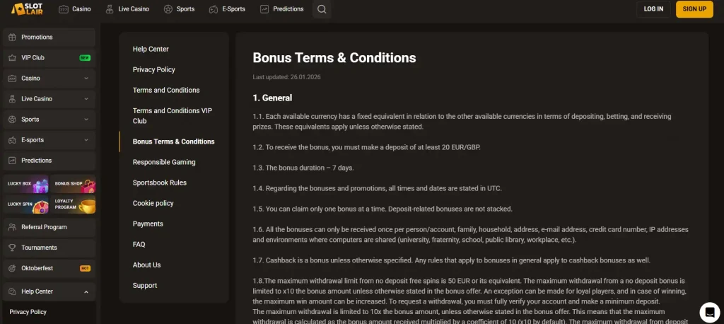 SlotLair welcome offer and wagering conditions on the official bonus terms page